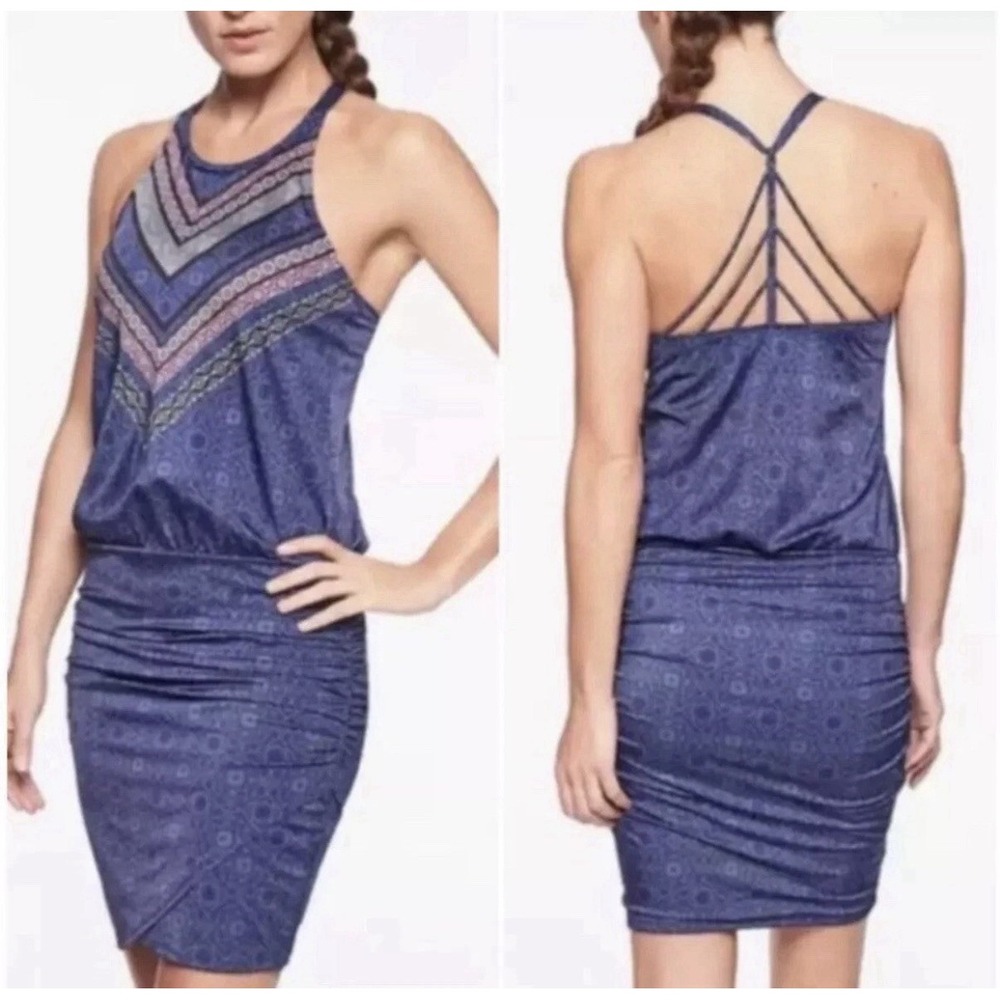 Athleta Aqualuxe Swim Dress Blue Size XS Strappy Back Pullover Beach Vacation‎
